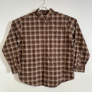 St John's Bay Casual Button Down Mens 2XL Brown Plaid Dressy Oxford Shirt
